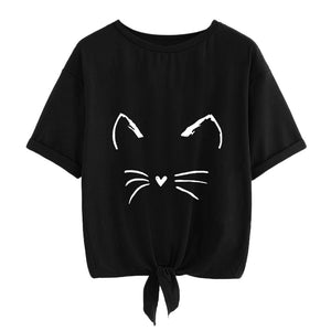 Womens Casual Soild Cat Print Short Sleeve Tie Up Daily Tee Blouse T-Shirt Tops