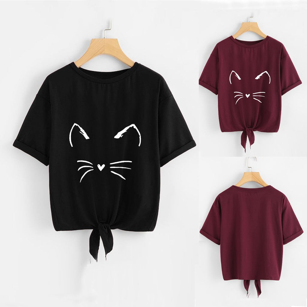 Womens Casual Soild Cat Print Short Sleeve Tie Up Daily Tee Blouse T-Shirt Tops